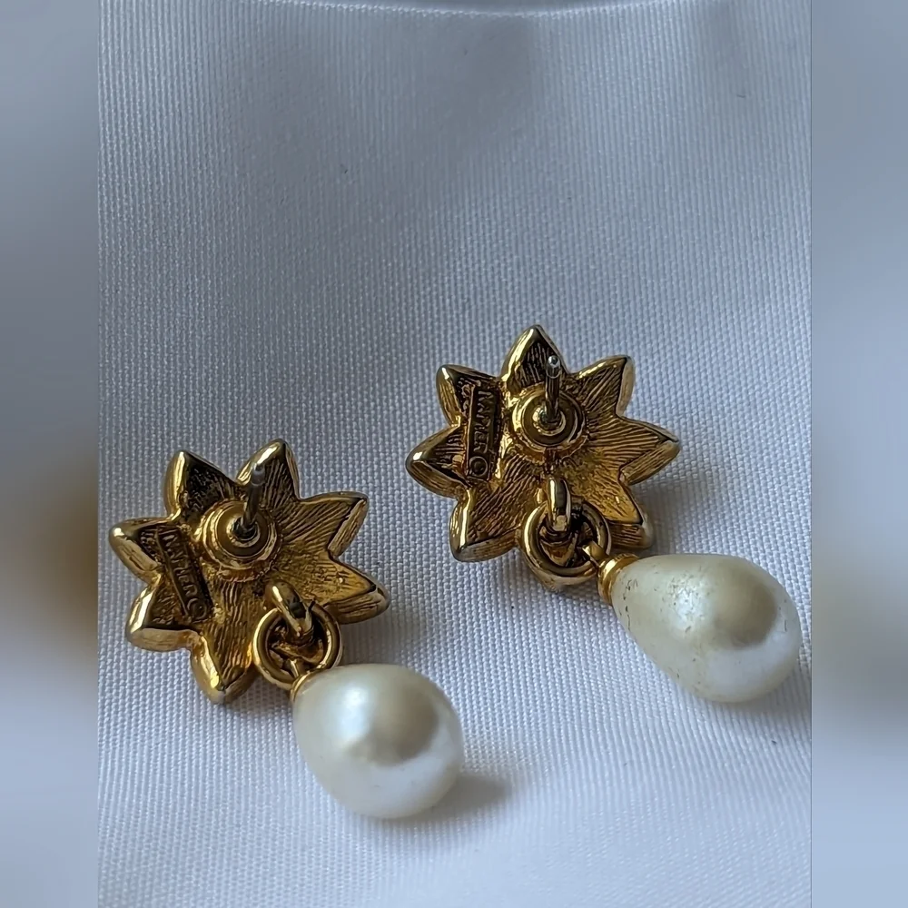 Richelieu Vintage Faux Pearl Diamond Earrings drop floral pearls post ba…